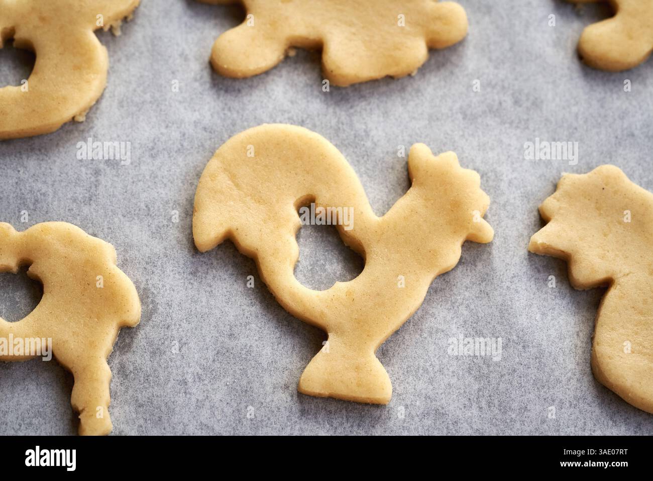 Animal shaped Linzer Easter cookies cut out from raw pastry dough on a baking sheet, closeup Stock Photo