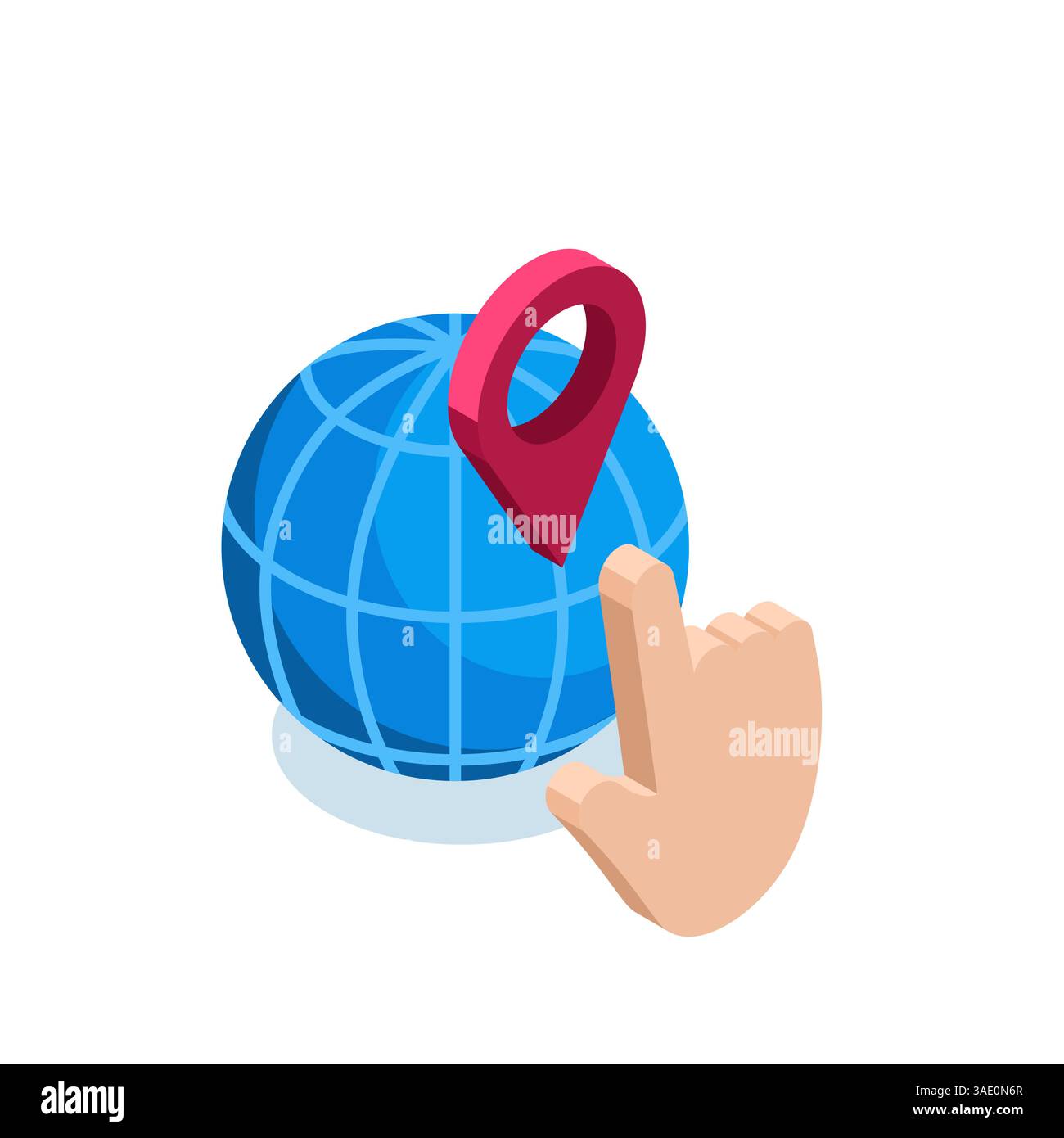 isometric globe and location icon with pointing hand in color on white background, geolocation or positioning Stock Vector