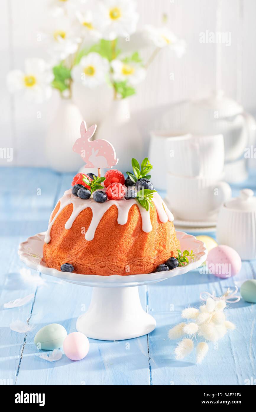Glazed ring cake for Easter as classic Easter dessert. Cake for Easter holiday. Stock Photo