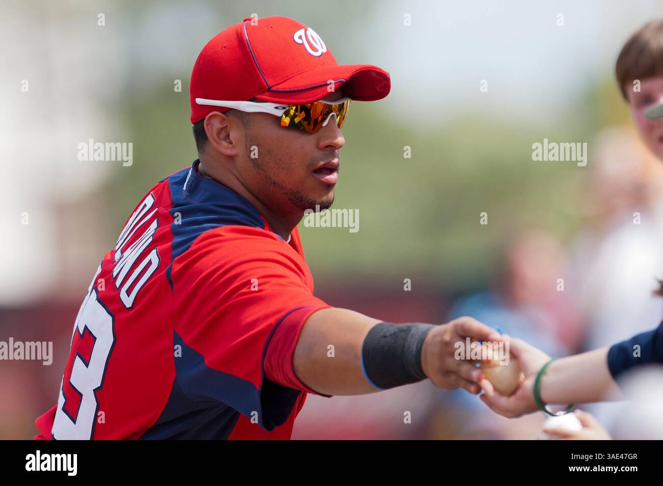 Washington Nationals catcher Jhonatan Solano (23) stands in front of the  Columbian flag before a baseball game against the Miami Marlins at  Nationals Park Wednesday, Aug. 28, 2013, in Washington. (AP Photo/Alex
