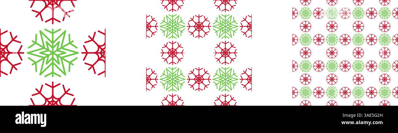 Abstract Seamless pattern set snowflakes red and green Christmas colors, vector illustration Stock Vector