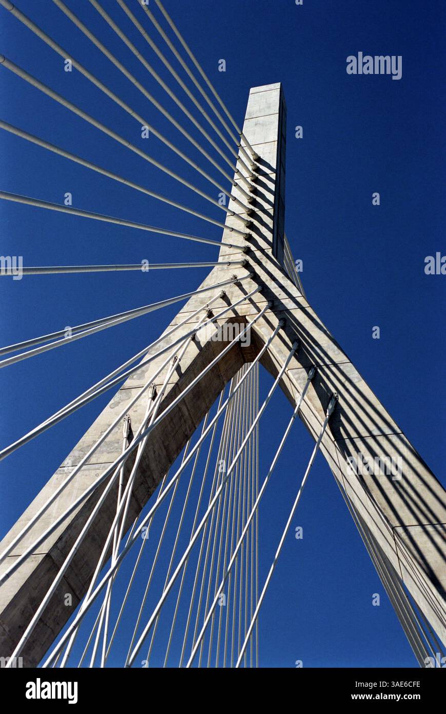 Oct 06, 2002; Boston, MA, USA; The Leonard P. Zakim Bunker Hill Bridge constructed between Boston and Charlestown. The 10-lane, 180-foot wide bridge will carry traffic on I-93 across the Charles River. The bridge's north tower is 330 feet above the ground, while the south tower rises 295 feet above ground. Lenny Zakim was a regional director of the Anti-Defamation League for 20 years and one of the founders of The Team Harmony Foundation. He was known to 'build bridges' between Boston's ethnic communities. .  (Credit Image: Seamas Culligan/ZUMAPRESS.com) Stock Photo