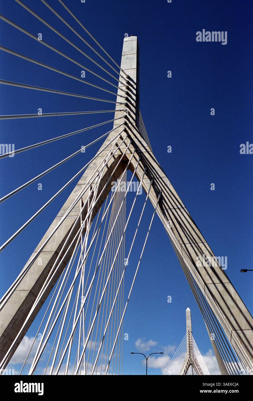 Oct 06, 2002; Boston, MA, USA; The Leonard P. Zakim Bunker Hill Bridge constructed between Boston and Charlestown. The 10-lane, 180-foot wide bridge will carry traffic on I-93 across the Charles River. The bridge's north tower is 330 feet above the ground, while the south tower rises 295 feet above ground. Lenny Zakim was a regional director of the Anti-Defamation League for 20 years and one of the founders of The Team Harmony Foundation. He was known to 'build bridges' between Boston's ethnic communities. .  (Credit Image: Seamas Culligan/ZUMAPRESS.com) Stock Photo