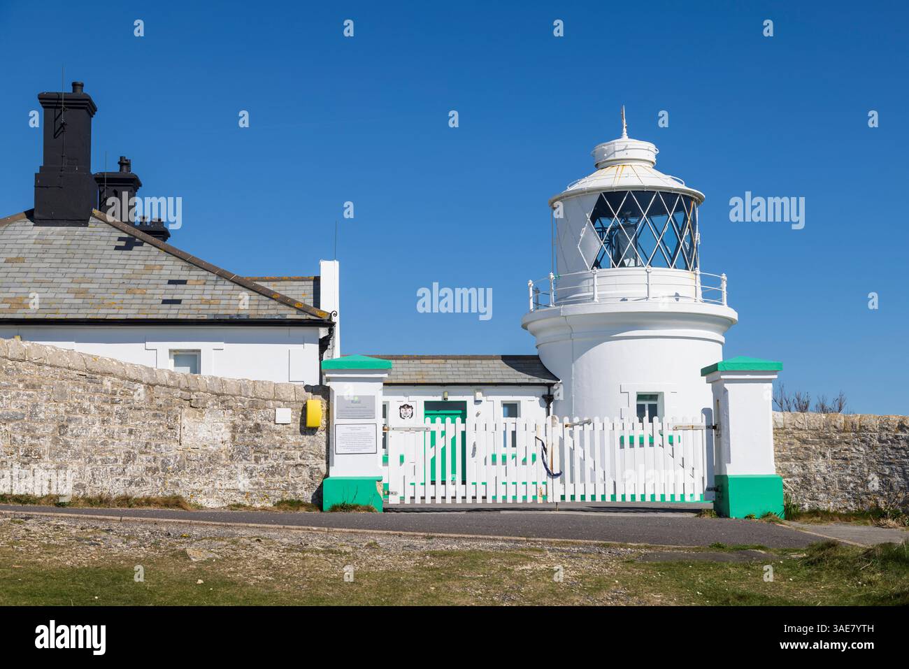 Anvil Point Lighthouse, a fully-automated lighthouse located at Durlston Country Park near Swanage in Dorset, England. Stock Photo