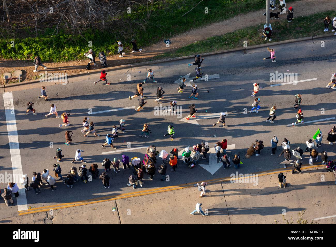 2025 Austin Marathon Runners in on West Cesar Chavez Blvd in Austin Texas, overhead view. Stock Photo