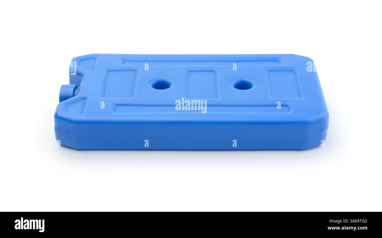 New blue plastic cold accumulator isolated on white. Stock Photo