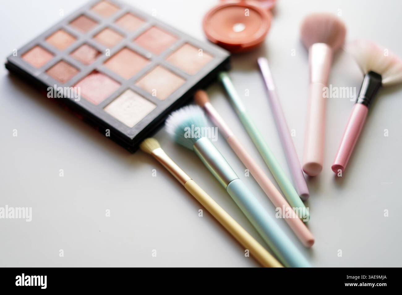 make up palette, brushes on white Stock Photo