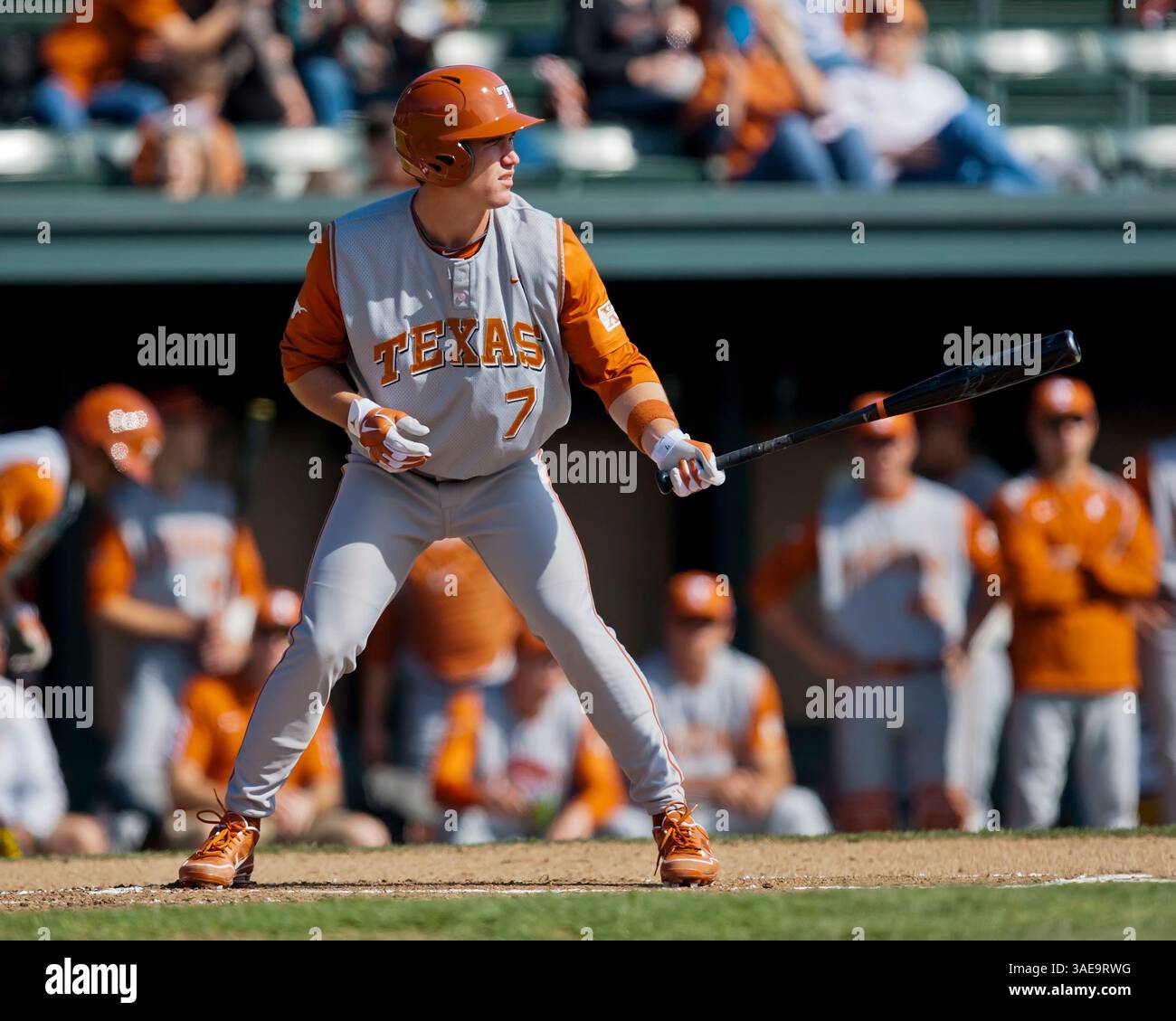 February 25, 2012: Texas infielder Jordan Etier in action during the NCAA baseball game between the Texas Longhorns and the Stanford Cardinal at Sunken Diamond in Stanford CA. Stanford defeated Texas 6-2. Â© Damon Tarver/CSM(Credit Image: © Damon Tarver/Cal Sport Media/ZUMAPRESS.com) Stock Photo