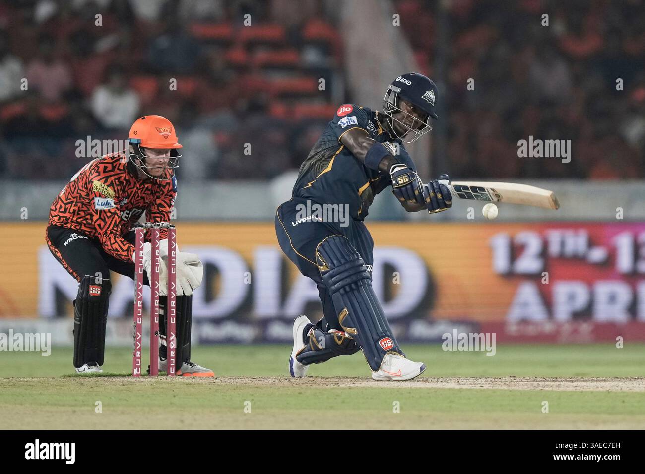Gujarat Titans' Sherfane Rutherford plays a shot during the Indian ...