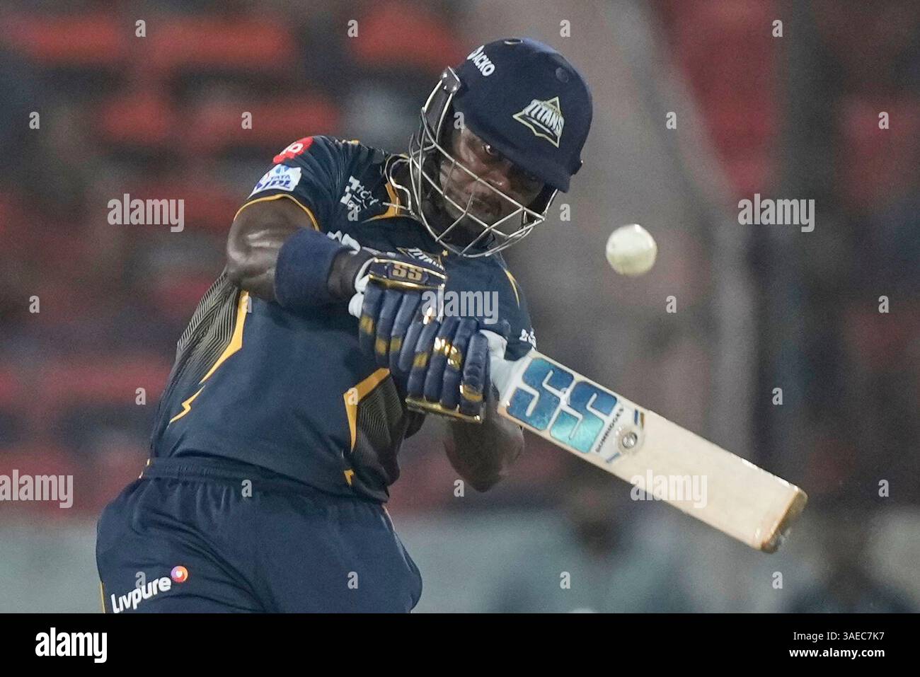 Gujarat Titans' Sherfane Rutherford plays a shot during the Indian ...