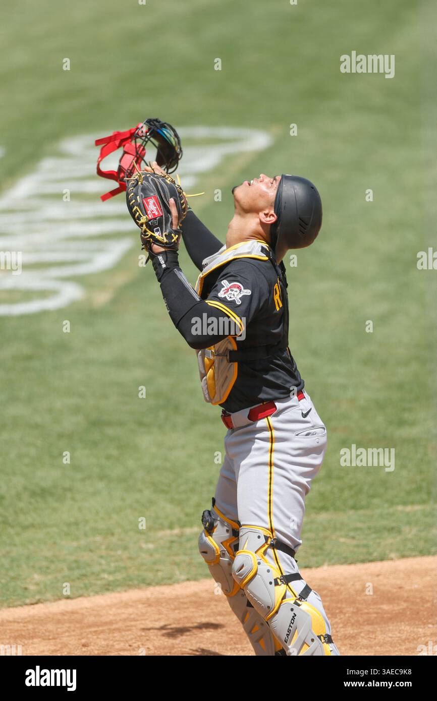 Tampa United States 02nd Apr 2025 Tampa FL USA Pittsburgh Pirates Tampa United States 02nd Apr 2025 Tampa Fl Usa Pittsburgh Pirates Catcher Endy Rodrguez 5 Catches A Pop Up Off The Bat Of Tampa Bay Rays Catcher Ben Rortvedt 30 During An Mlb Baseball Game Wednesday April 2 2025 At George M Field The Pirates Beat The Rays 4 2 Kim Hukariimage Of Sport Photo Via Credit Live News 3AEC9K8 