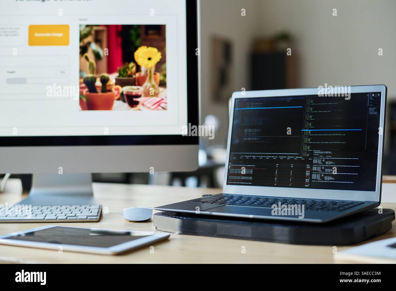 Laptop with codes on screen standing on workplace of programmer against ...