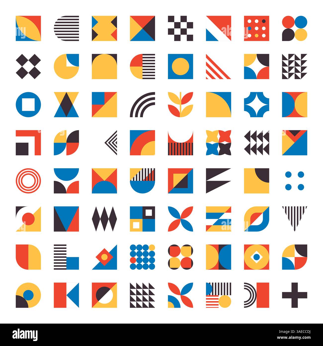 Simple geometric bauhaus inspired elements. Minimal modern abstract shapes. Abstract retro tiles with circles and triangles. Basic square figures Stock Vector