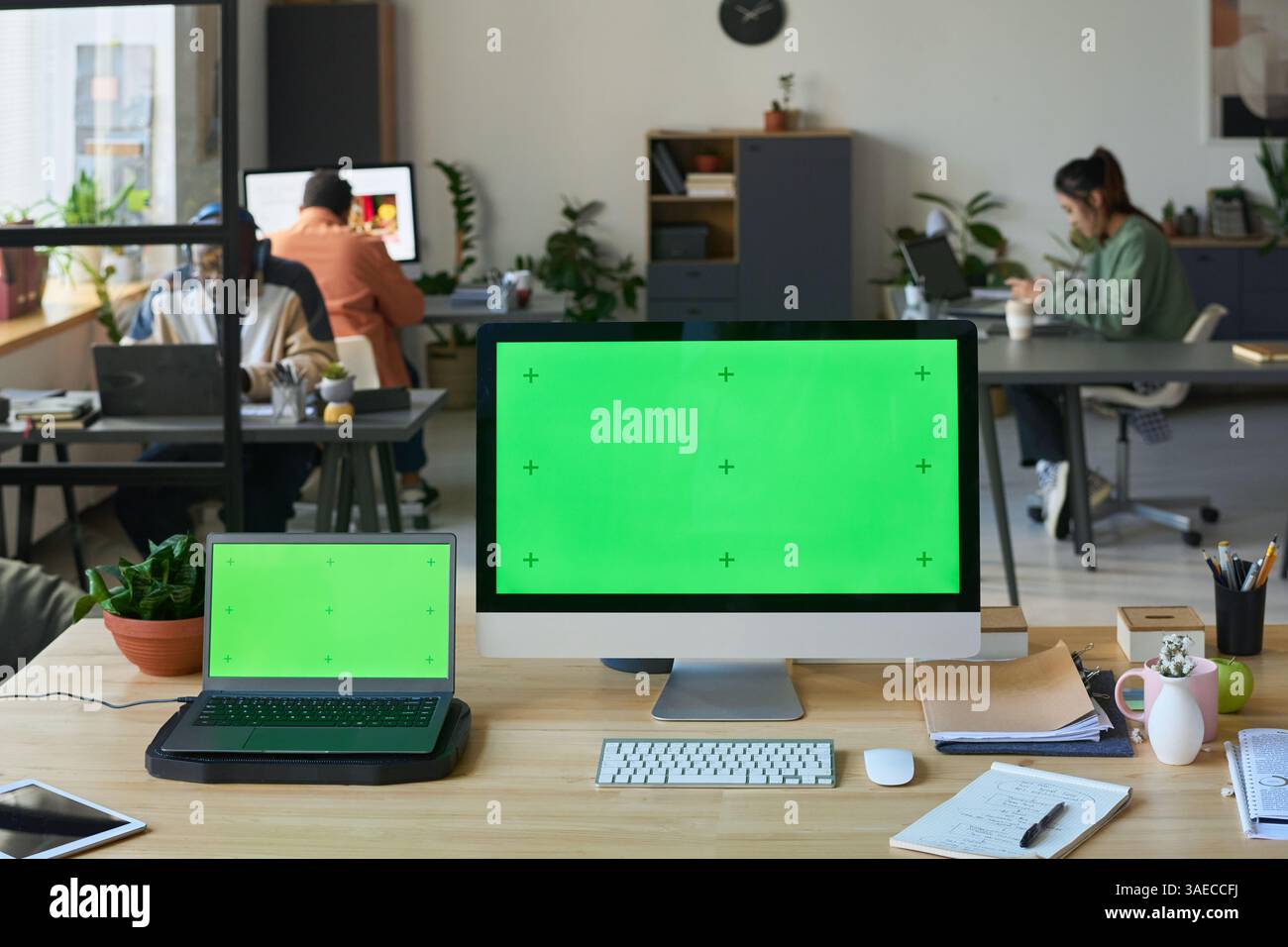 Two computers with chromakey screens standing on desk against group of coworkers networking in modern spacious office Stock Photo