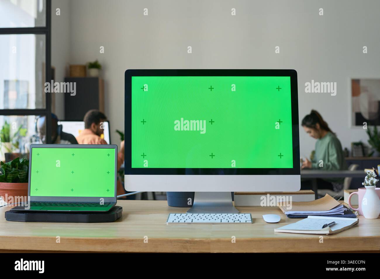 Chromakey screens of two office computers standing on workplace of software developer or information technology engineer Stock Photo