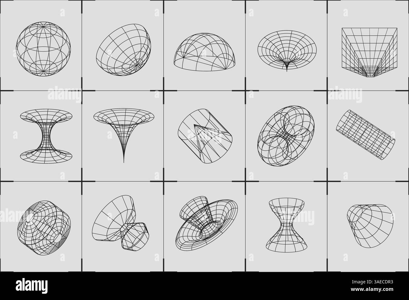 Wireframe geometric shapes in different phormes. Abstract 3d grid design. Universal trendy geometric shapes. Elements with liquid effect Stock Vector