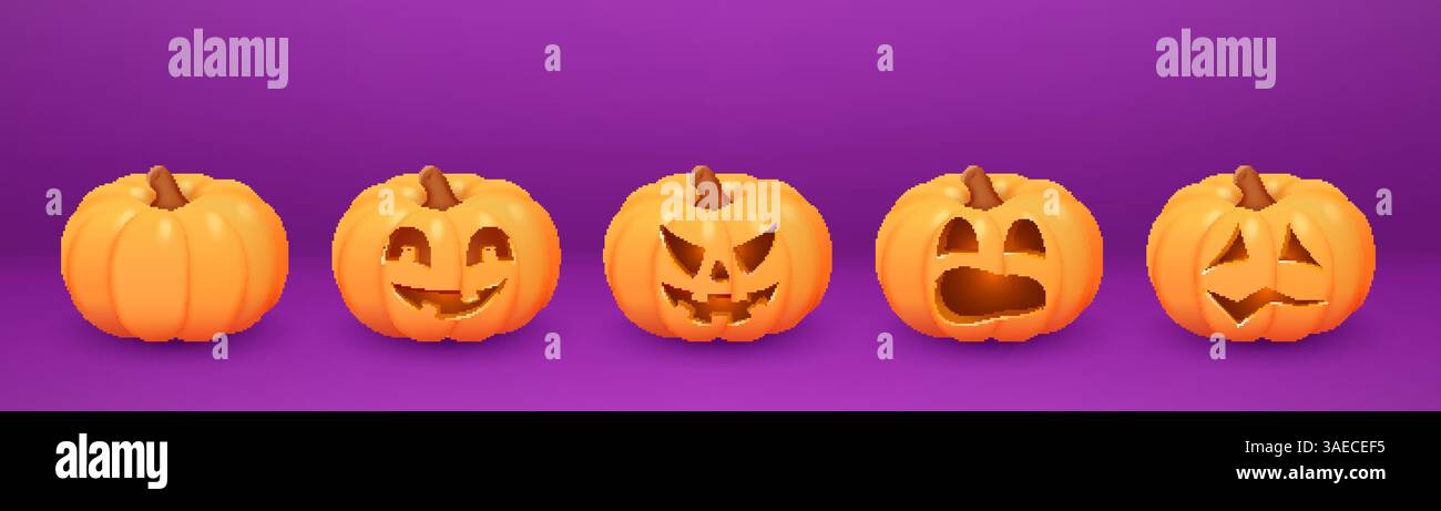 Realistic orange pumpkins. Pumpkin carved faces with eyes and mouth ...