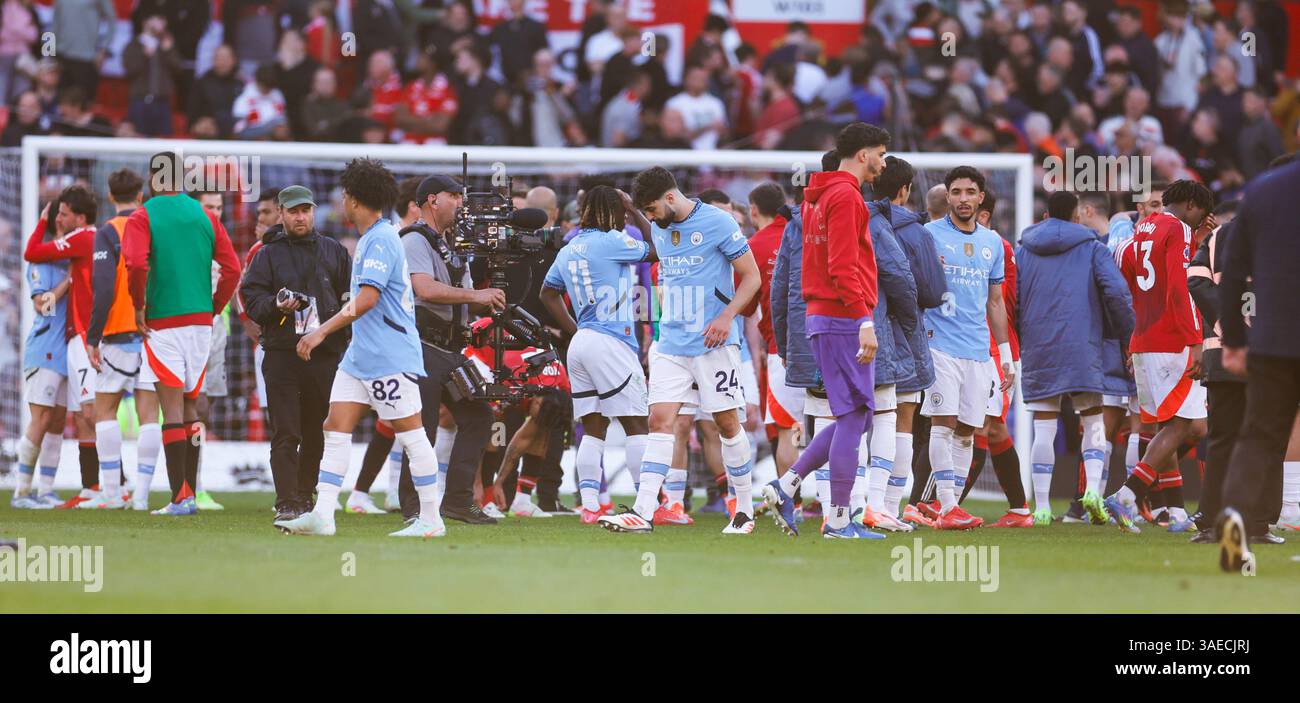 Old Trafford, Manchester, UK. 6th Apr, 2025. Premier League Football, Manchester United versus Manchester City; Players shake after the game Credit: Action Plus Sports/Alamy Live News Stock Photo