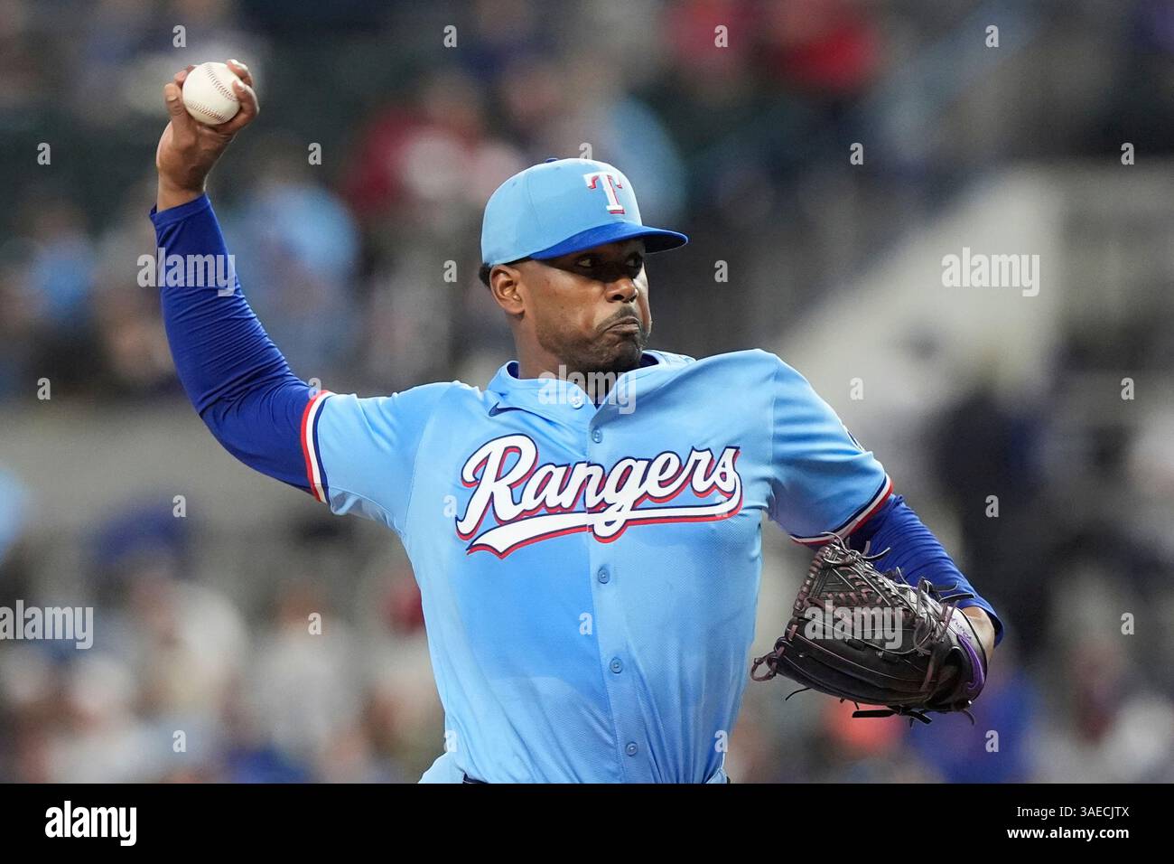 Texas Rangers starting pitcher Kumar Rocker throws during the first ...