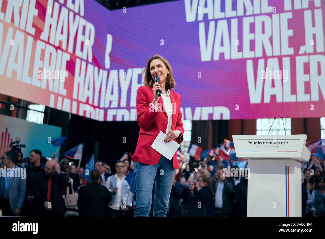 Saint Denis, France. 06th Apr, 2025. French MEP Valerie Hayer gives a ...