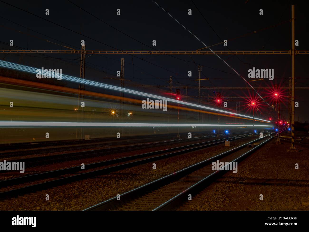 Spring evening with semaphore lights and trains in station Stare Mesto CZ 03 28 2025 Stock Photo