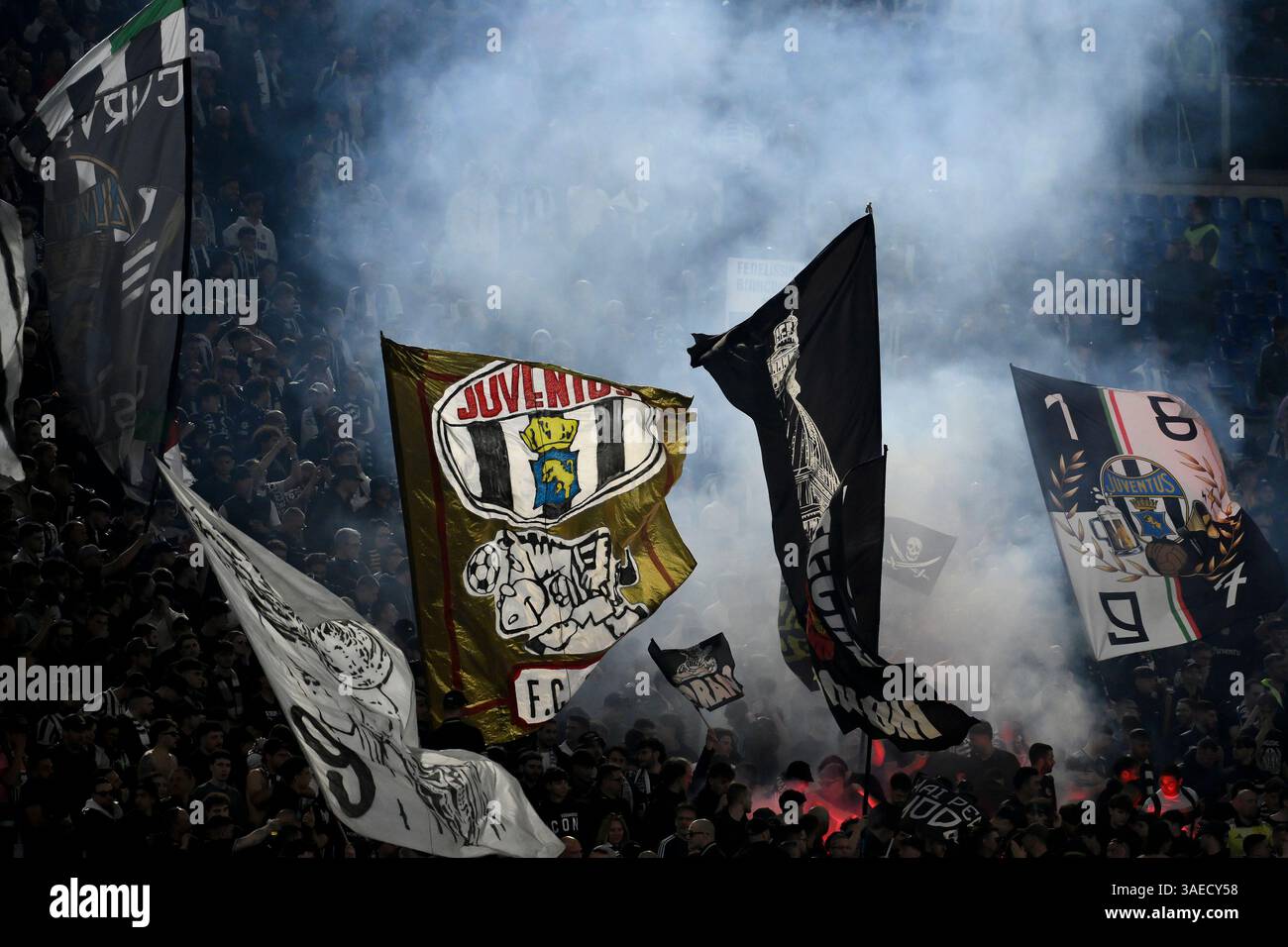 Rome, Italy. 06th Apr, 2025. Juventus fans cheer on during the Serie A ...