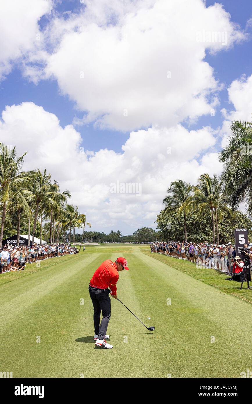 Captain Sergio Garcia of Fireballs GC hits his shot from the fifth tee ...