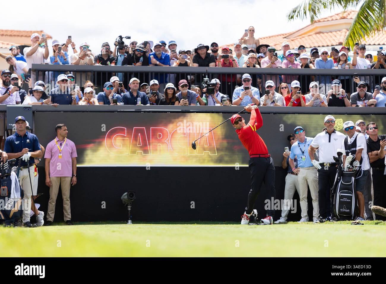 Captain Sergio Garcia of Fireballs GC hits his shot from the first tee ...