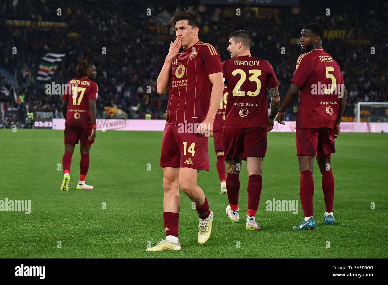 Eldor Shomurodov of A.S. Roma celebrates after scoring the goal to make
