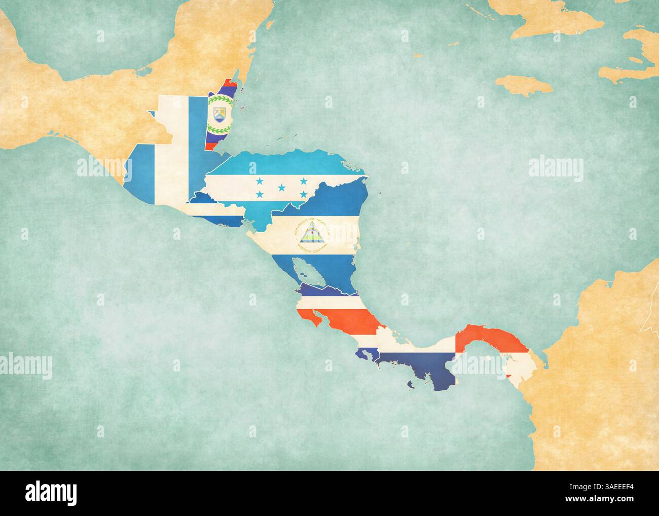 Flags el salvador on retro hi res - Flags Of All Countries On The Map Of Central America In Soft Grunge And Vintage Style Like Old Paper With Watercolor Painting 3AEEEF4