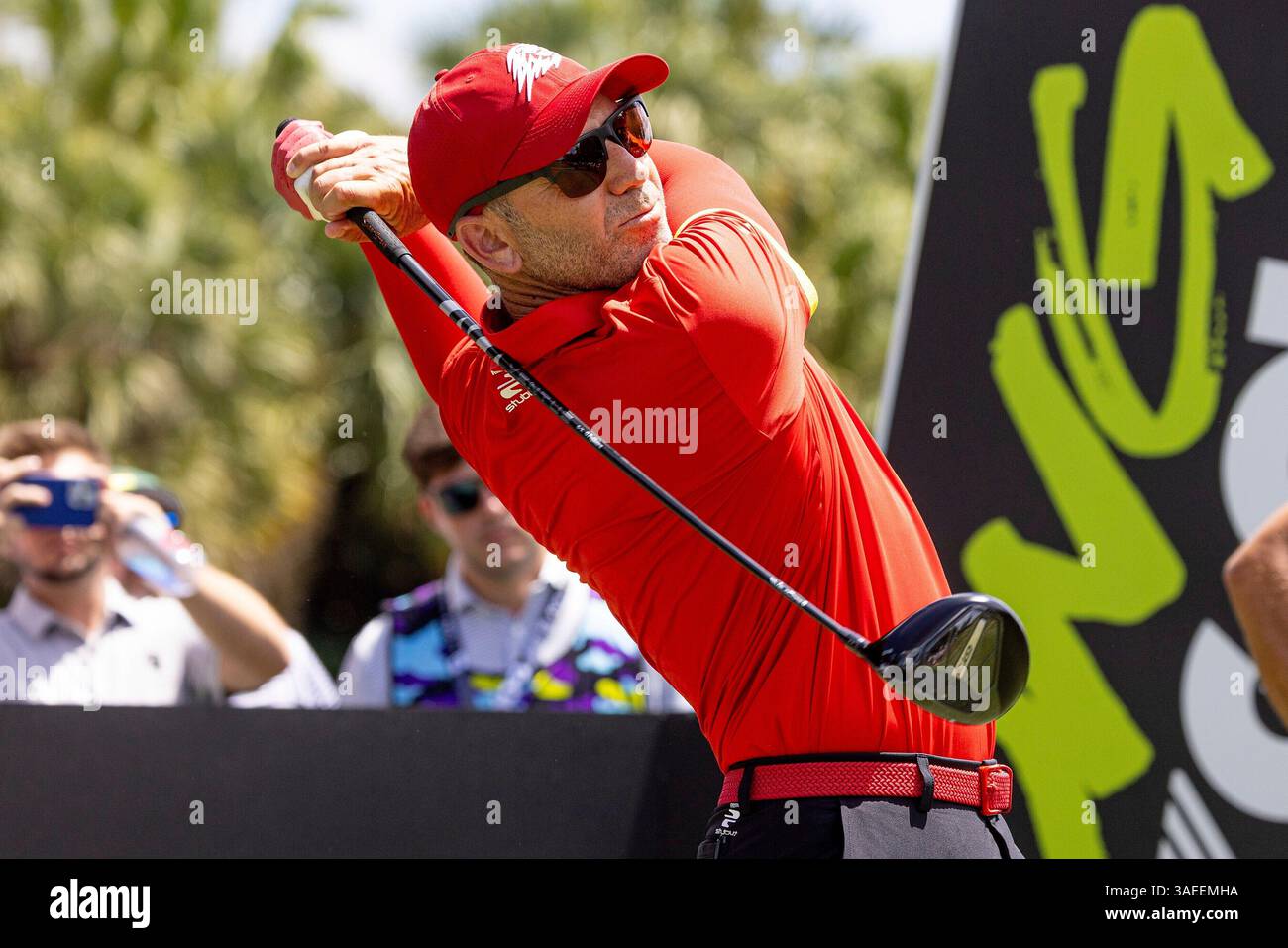 Captain Sergio Garcia, of Fireballs GC, hits from the seventh tee ...