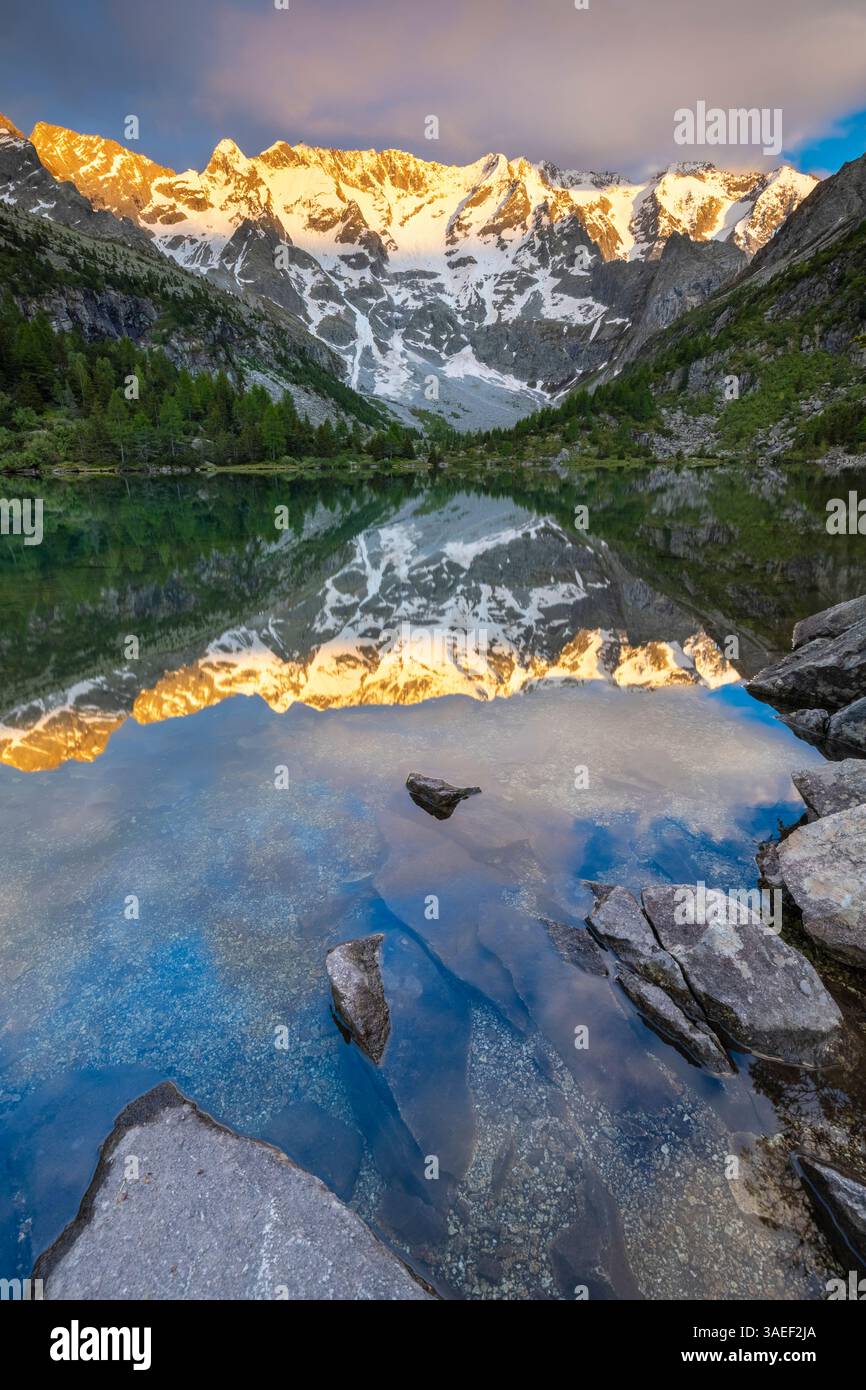 Summer view of the Aviolo lake in the Adamello park. Edolo,Brescia province, Italy, Europe. Stock Photo