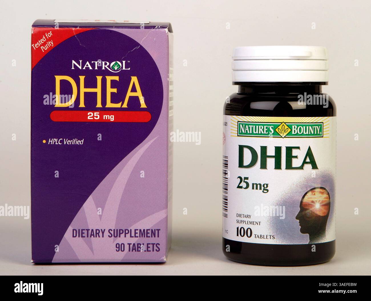 Jun 09, 2008 - San Diego, California, USA - Two bottles of DHEA dietary Supplements One in the box and the other in a bottle. In the box, on the left is made by Natrol, and on the right is Nature's Bounty. Dehydroepiandrosterone (DHEA) is a natural steroid prohormone produced from cholesterol by the adrenal glands, the gonads, adipose tissue, brain and in the skin (by an autocrine mechanism (Credit Image: San Diego Union-Tribune/ZUMAPRESS.com) Stock Photo