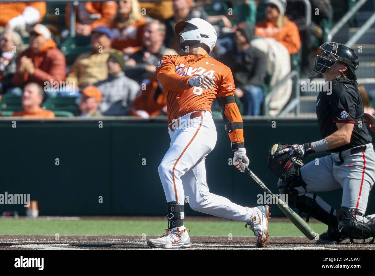 AUSTIN, TX - APRIL 06: Texas catcher Rylan Galvan (6) watches his walk ...