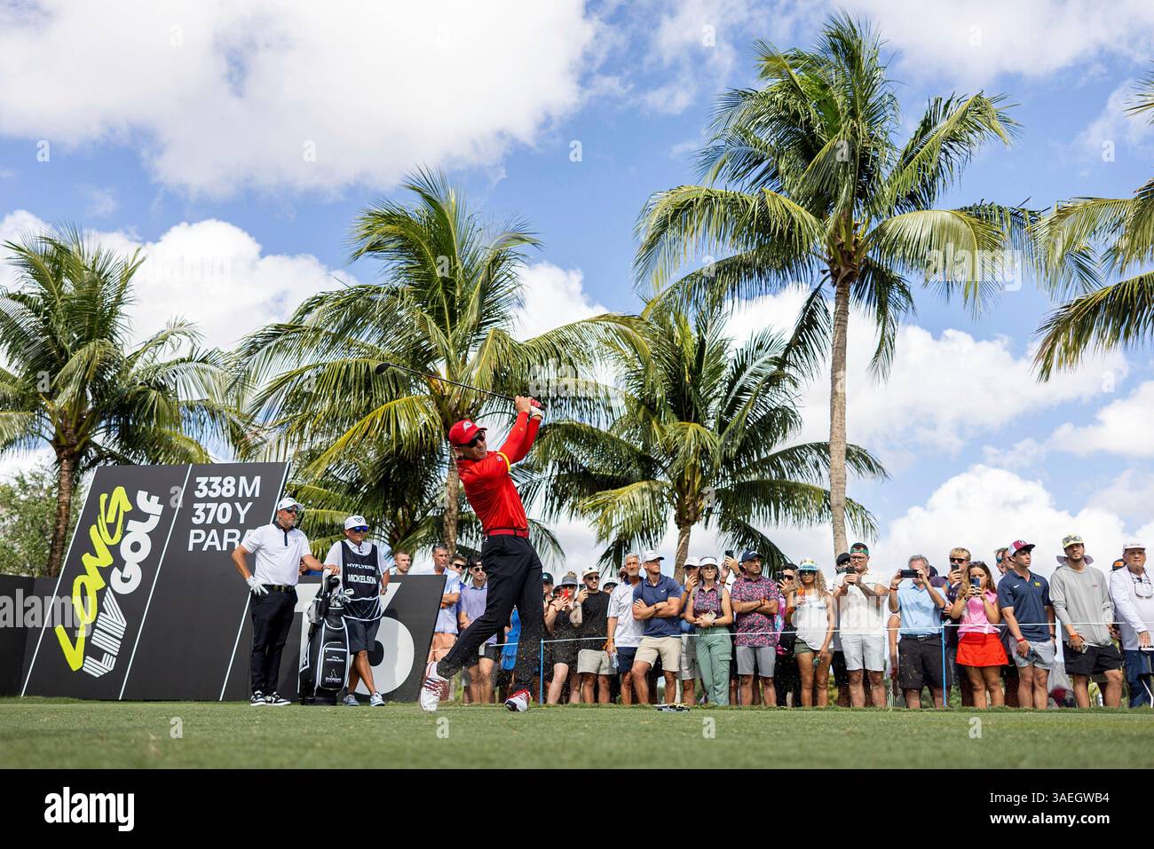 Captain Sergio Garcia of Fireballs GC hits his shot from the 16th tee ...
