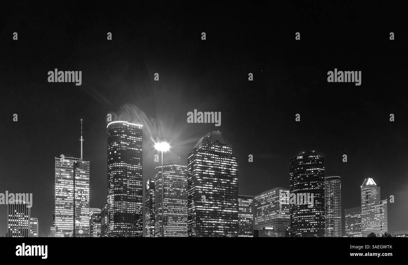 downtown Houston by night seen from central parking lot in Houston, USA Stock Photo