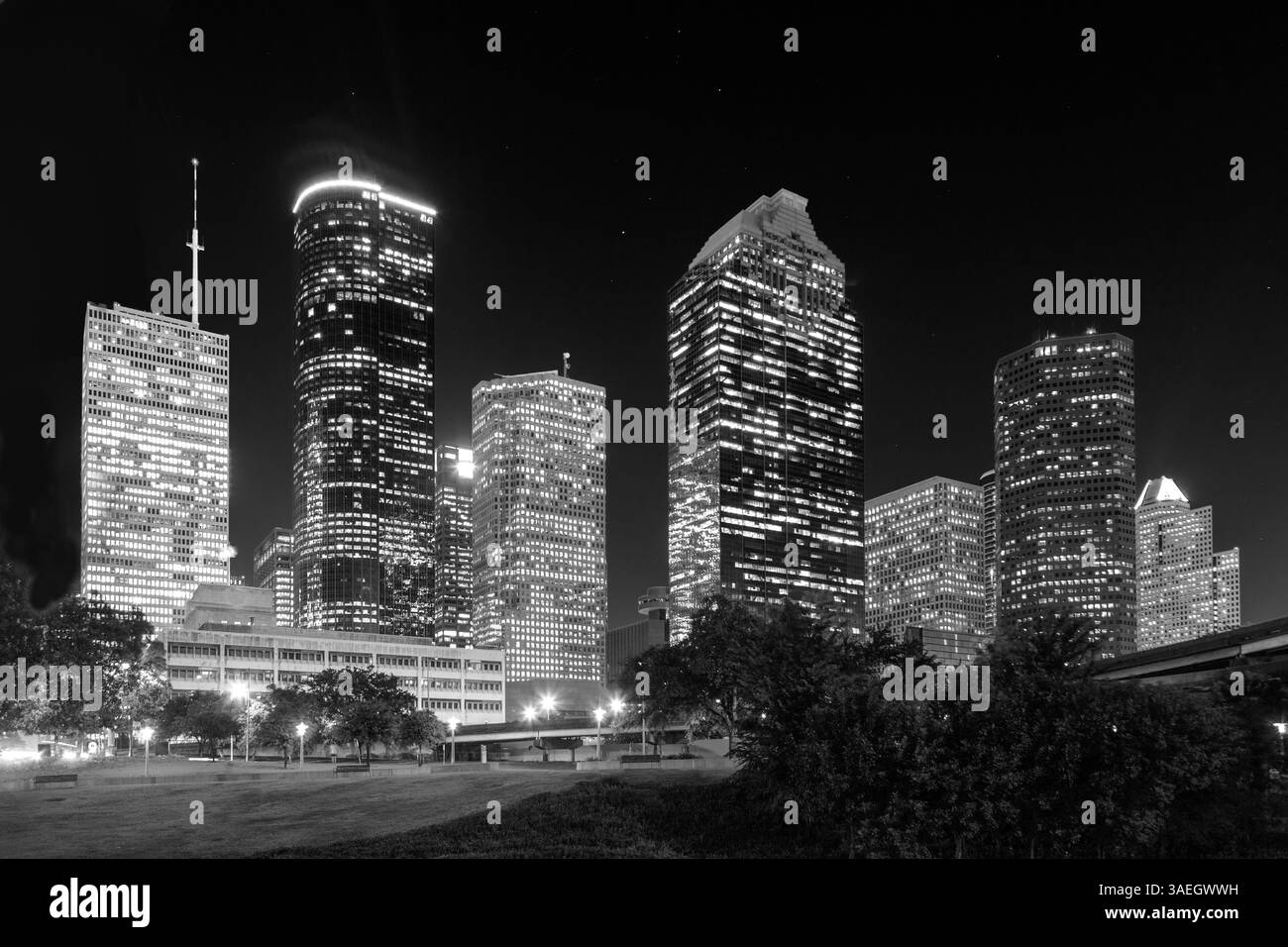 View to downtown Houstonby night with skyscraper Stock Photo