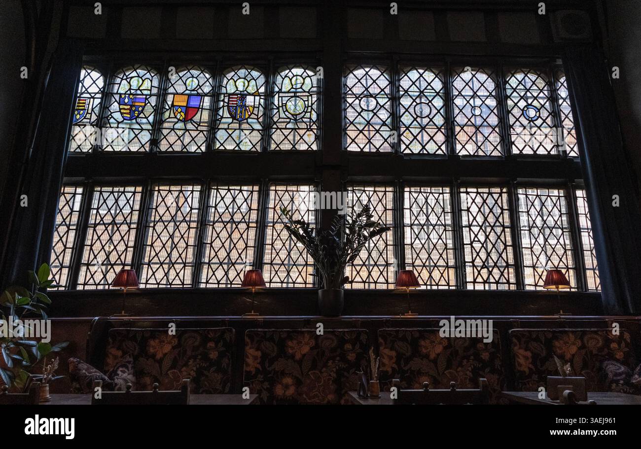 Stained glass windows of the Great Hall at The Kings Head,15TH CENTURY ...
