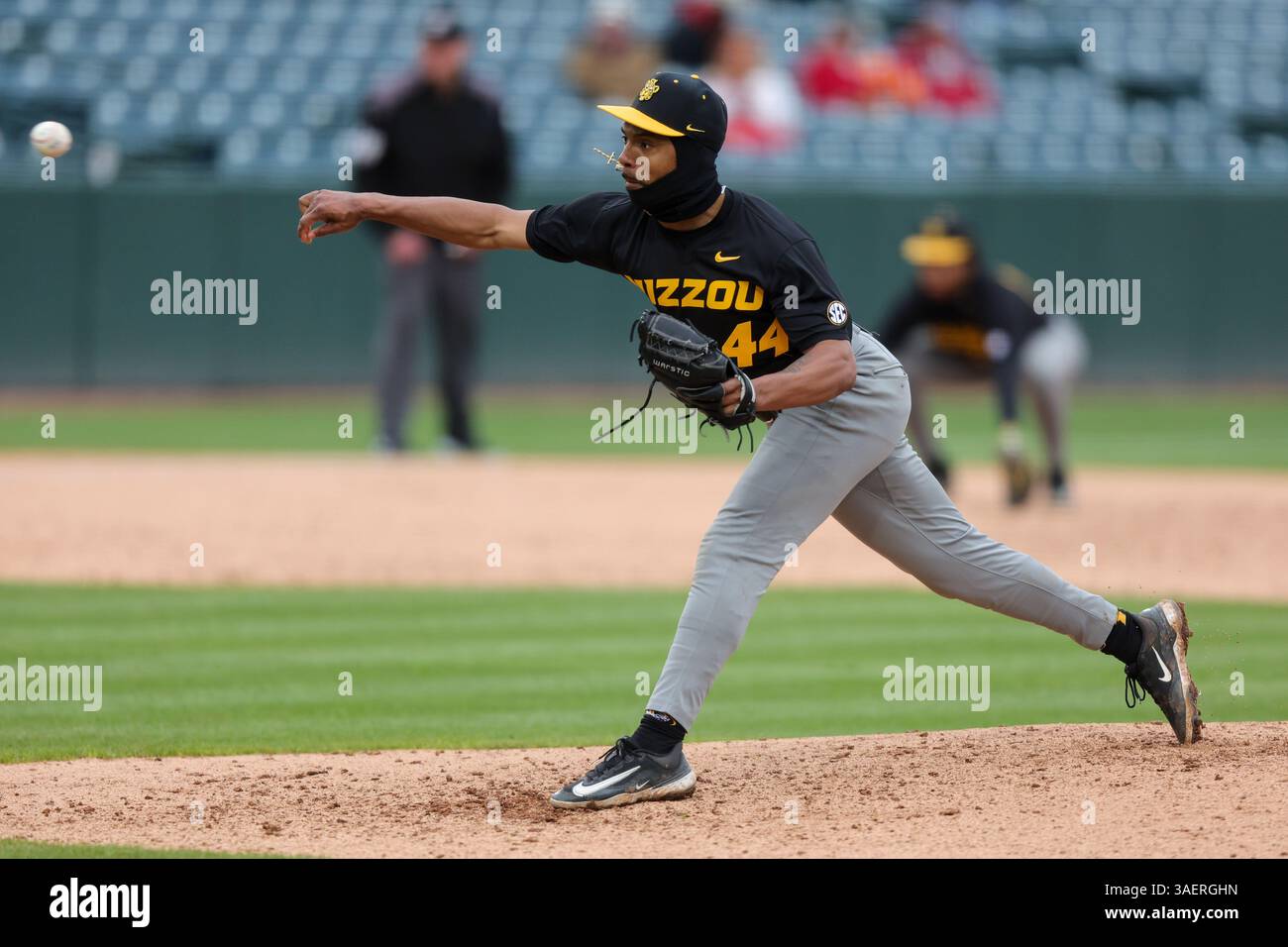 April 6, 2025: Mizzou pitcher Xavier Lovett (44) releases a ball from ...