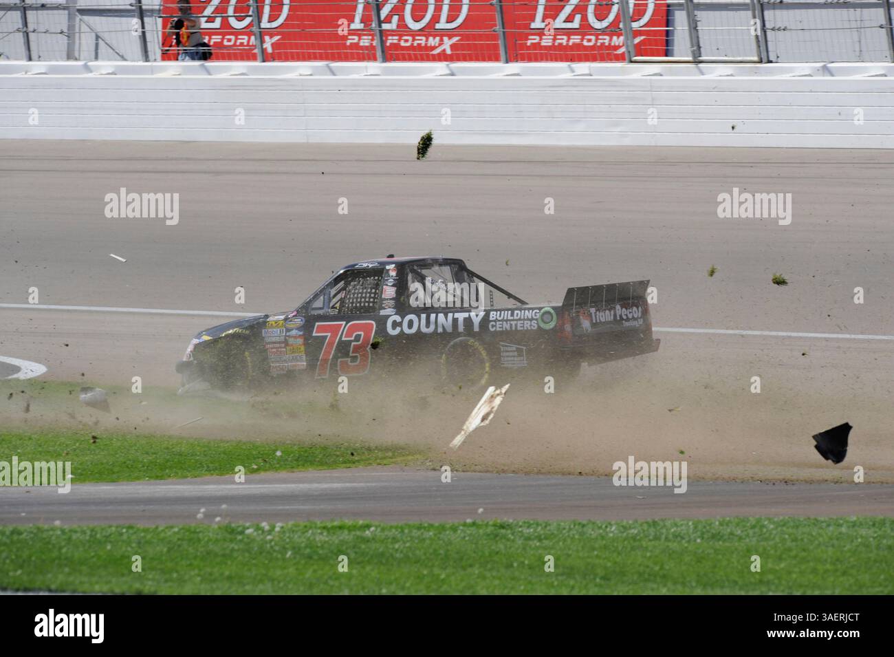 2011 OCT 15: Brent Raymer (73) Trans Pecos / County Building Centers Chevrolet chews up the infield grass while spinning out of control during the Smiths 350 NASCAR Camping World Truck Series auto race at Las Vgeas Motor Speedway in Las Vegas, NV(Credit Image: © Josh Holmberg/Cal Sport Media/ZUMAPRESS.com) Stock Photo