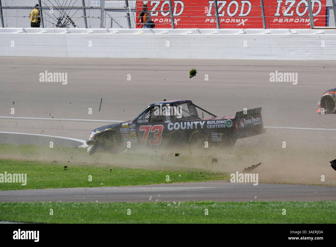 2011 OCT 15: Brent Raymer (73) Trans Pecos / County Building Centers Chevrolet chews up the infield grass while spinning out of control during the Smiths 350 NASCAR Camping World Truck Series auto race at Las Vgeas Motor Speedway in Las Vegas, NV(Credit Image: © Josh Holmberg/Cal Sport Media/ZUMAPRESS.com) Stock Photo