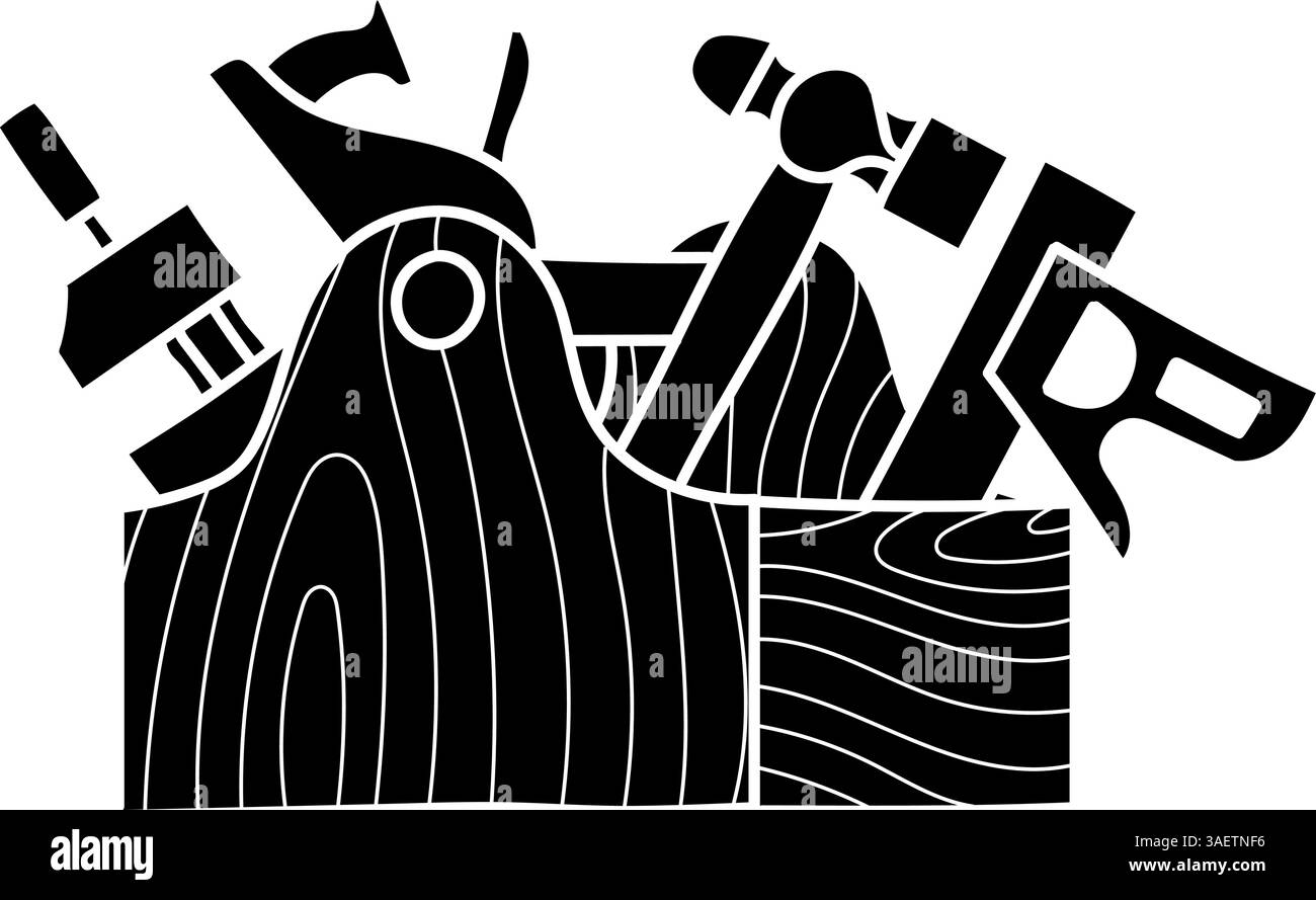 Tools in wooden toolbox black hand drawn icon Stock Vector