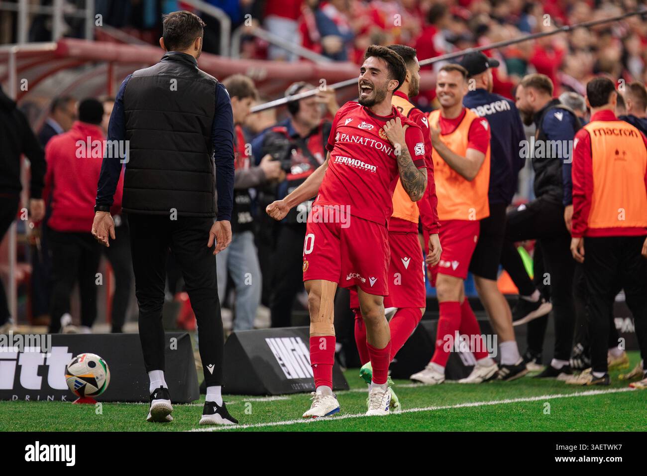 Lodz, Poland. 04th Apr, 2025. Fran Alvarez of Widzew celebrates a goal