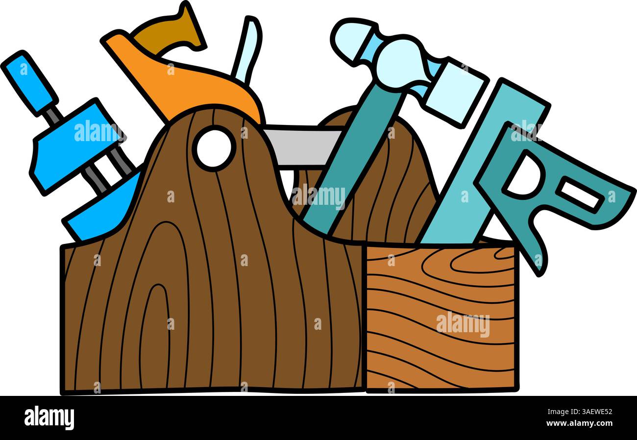 tools in wooden toolbox hand drawn color vector illustration Stock Vector