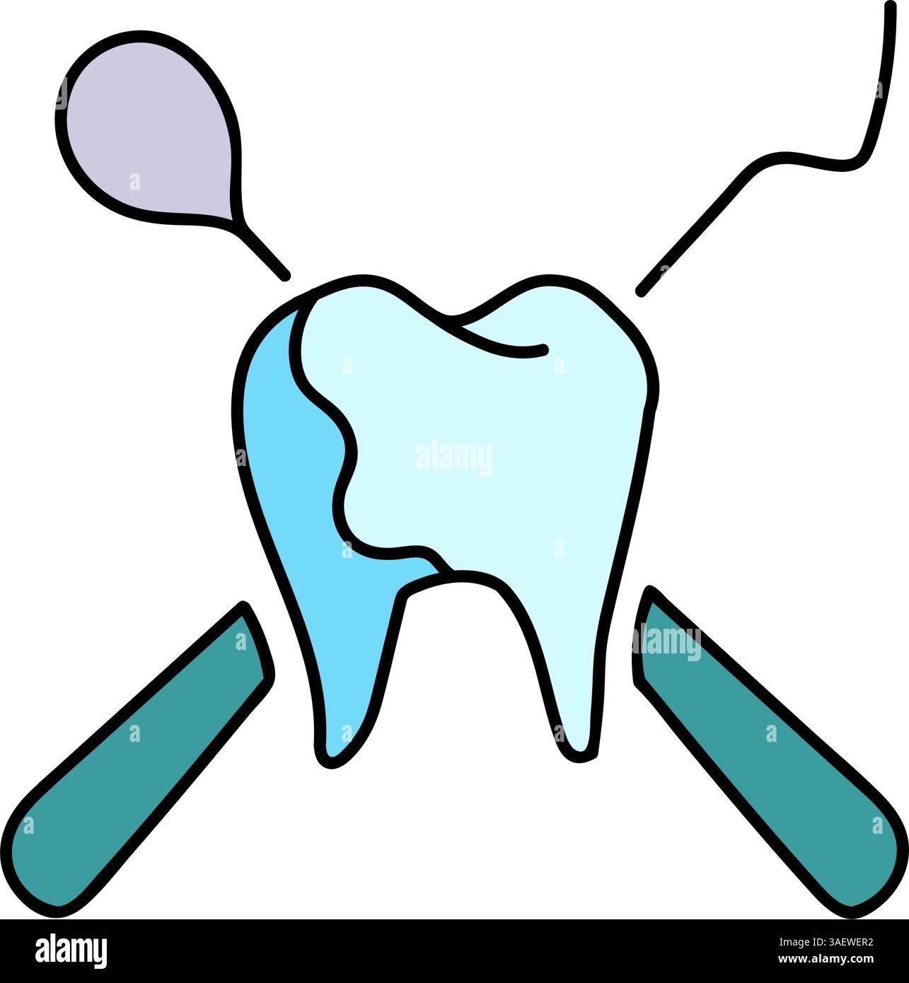 dentist tooth and tools hand drawn color vector illustration Stock Vector