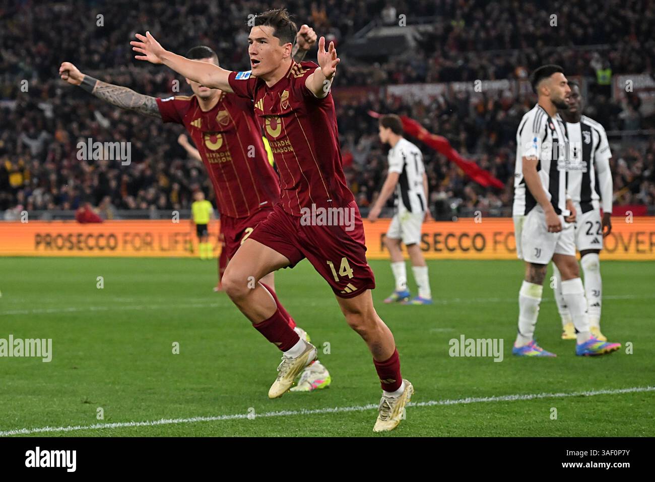 Rome, Italy. 06th Apr, 2025. Eldor Shomurodov of AS Roma celebrates
