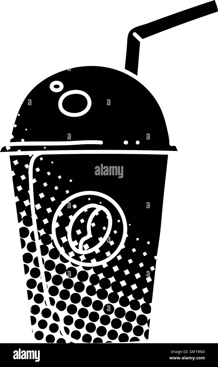 Coffee drink plastic cup with straw black hand drawn icon in halftone ...