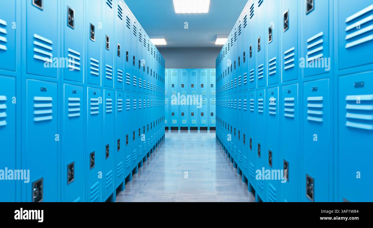 Locker Distance 3d corridor with rows of blue lockers stretching into the distance ...