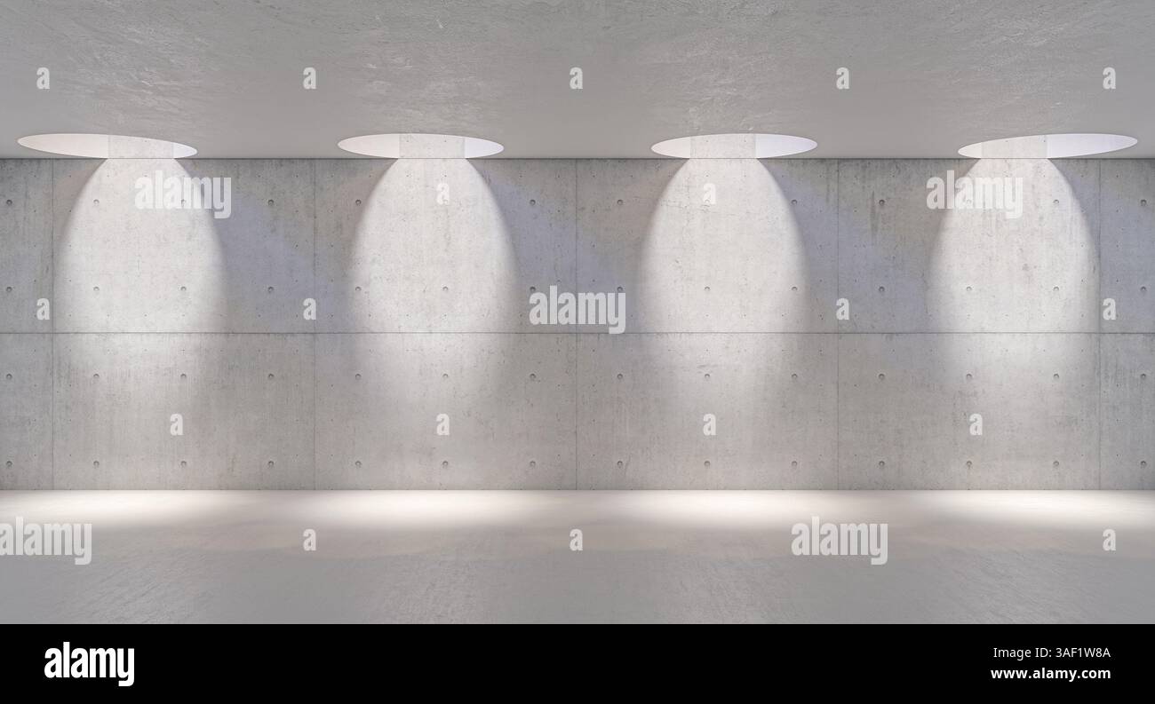 Four round ceiling lights illuminating empty concrete room interior 3d Stock Photo