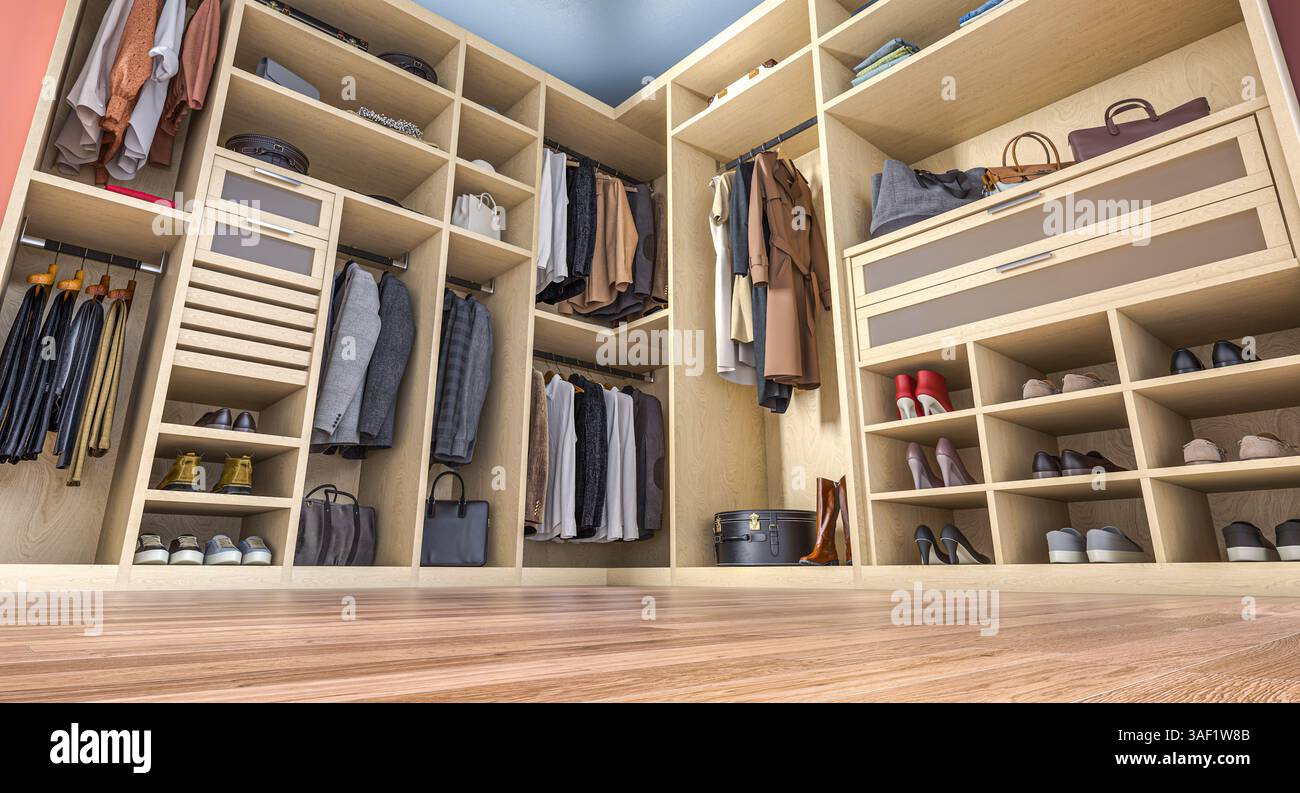 Modern walk in closet storing clothes, shoes, bags and accessories 3d Stock Photo